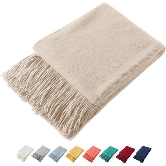 Decorative Knitted Throw Blanket with Fringe, Lightweight Acrylic Knit